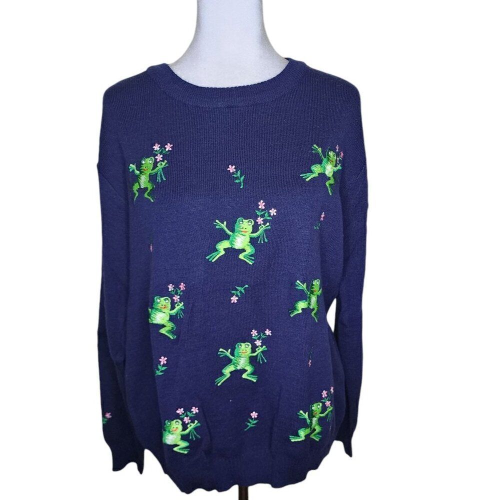 Vintage 70s Tree Frog Embroidered Sweater Womens Size XL Blue